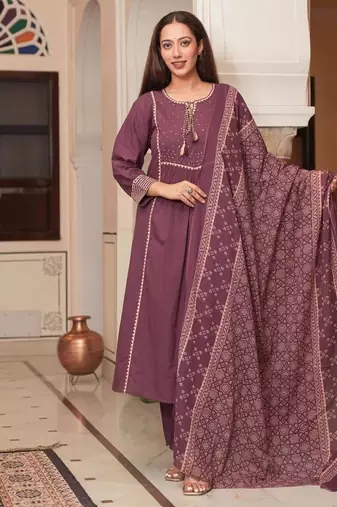Cotton cambric semi-anarkali printed kurti-pant-dupatta  set