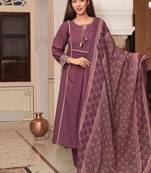 Cotton cambric semi-anarkali printed kurti-pant-dupatta  set