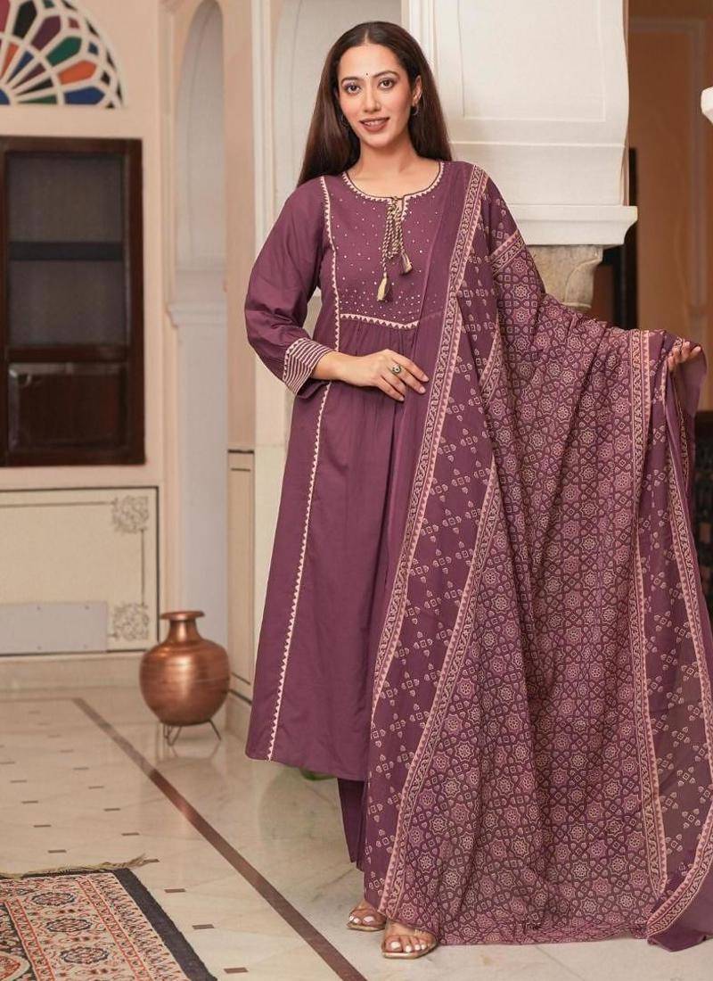 Cotton cambric semi-anarkali printed kurti-pant-dupatta  set