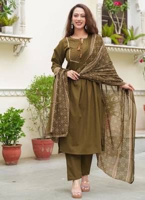 Cotton cambric semi-anarkali printed kurti-pant-dupatta  set 1