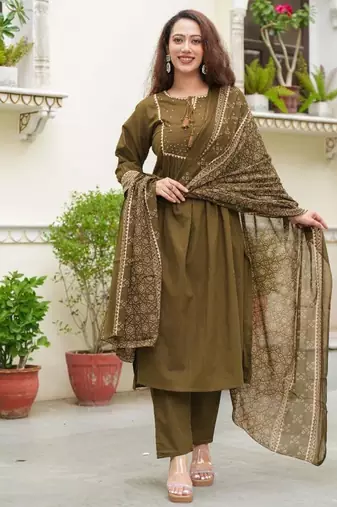Cotton cambric semi-anarkali printed kurti-pant-dupatta  set