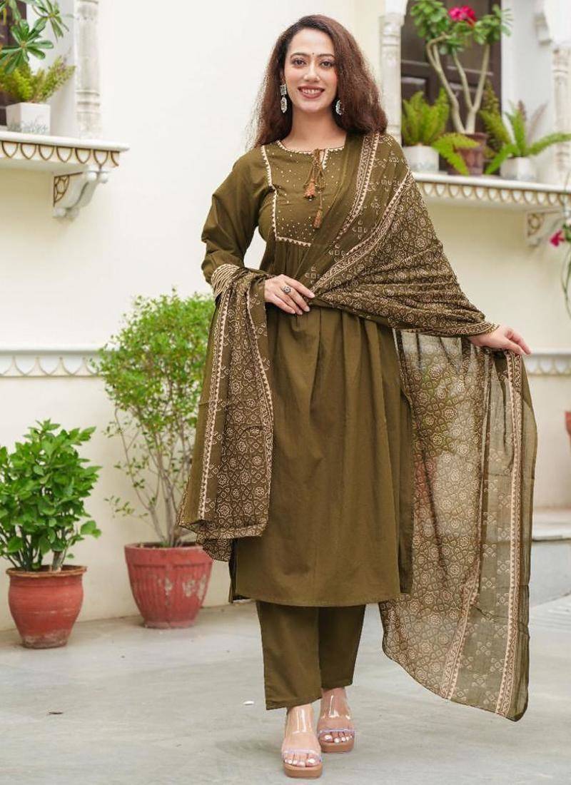 Cotton cambric semi-anarkali printed kurti-pant-dupatta  set