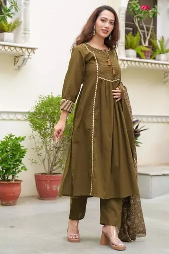 Cotton cambric semi-anarkali printed kurti-pant-dupatta  set