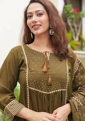 Cotton cambric semi-anarkali printed kurti-pant-dupatta  set 3