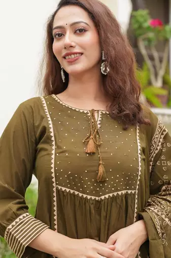 Cotton cambric semi-anarkali printed kurti-pant-dupatta  set