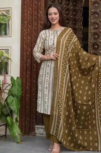 Cotton cambric  straight  printed kurti-pant-dupatta  set