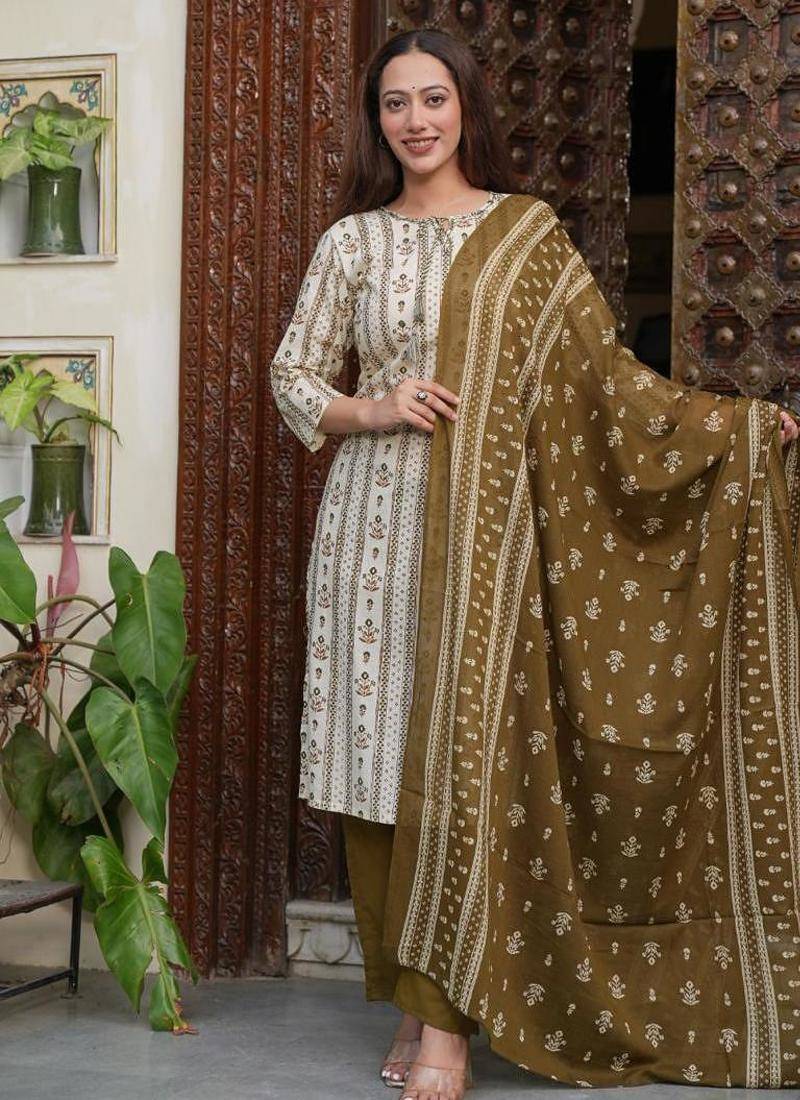 Cotton cambric  straight  printed kurti-pant-dupatta  set