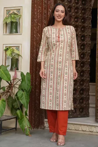 Cotton cambric  straight  printed kurti-pant-dupatta  set