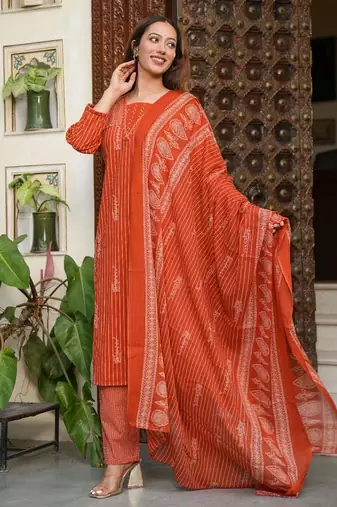 Cotton cambric semi-anarkali printed kurti-pant-dupatta  set