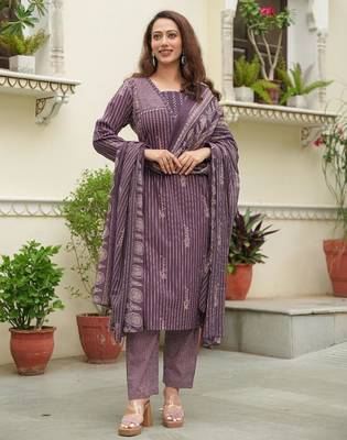 Cotton cambric semi-anarkali printed kurti-pant-dupatta  set 1
