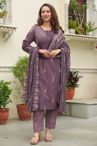 Cotton cambric semi-anarkali printed kurti-pant-dupatta  set