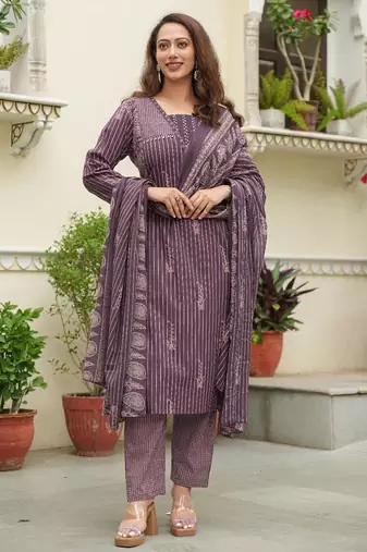 Cotton cambric semi-anarkali printed kurti-pant-dupatta  set