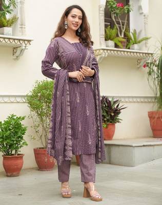 Cotton cambric semi-anarkali printed kurti-pant-dupatta  set 2
