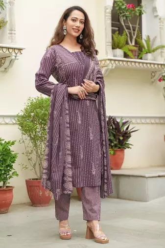 Cotton cambric semi-anarkali printed kurti-pant-dupatta  set
