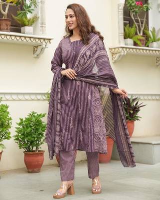 Cotton cambric semi-anarkali printed kurti-pant-dupatta  set 3