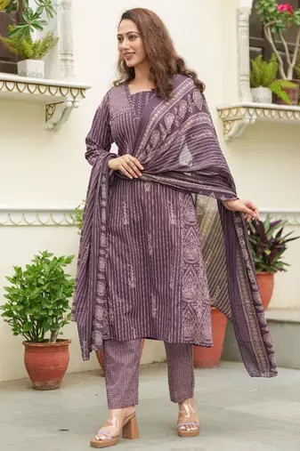 Cotton cambric semi-anarkali printed kurti-pant-dupatta  set