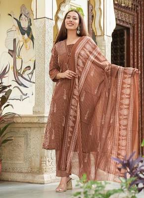 Cotton cambric semi-anarkali printed kurti-pant-dupatta  set 1