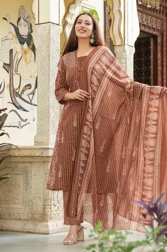 Cotton cambric semi-anarkali printed kurti-pant-dupatta  set