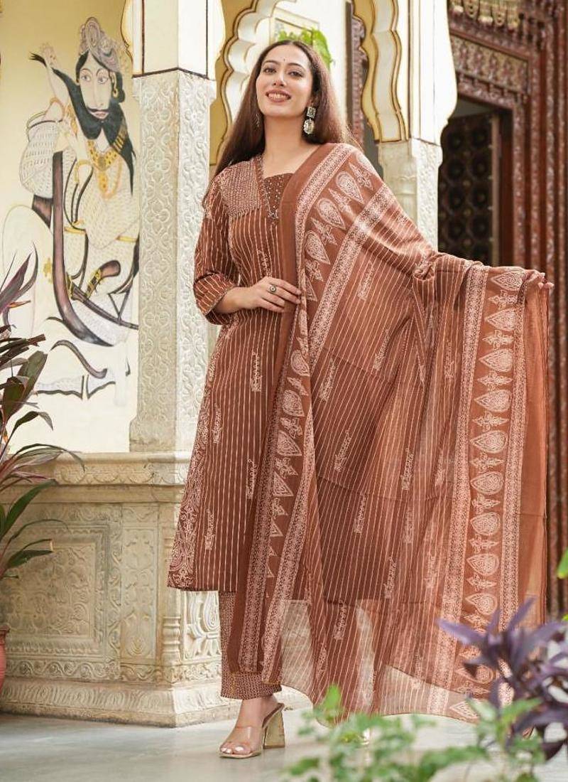Cotton cambric semi-anarkali printed kurti-pant-dupatta  set