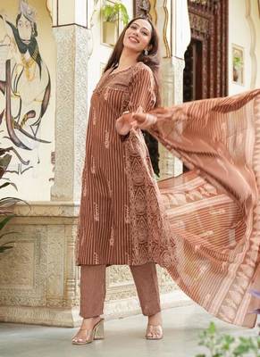 Cotton cambric semi-anarkali printed kurti-pant-dupatta  set 2