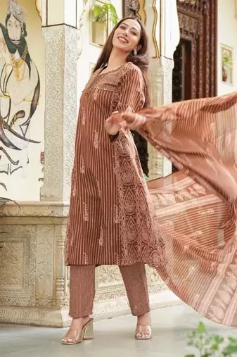 Cotton cambric semi-anarkali printed kurti-pant-dupatta  set