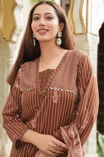 Cotton cambric semi-anarkali printed kurti-pant-dupatta  set