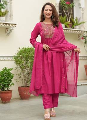 Cotton cambric semi-anarkali dyed  kurti-pant-dupatta  set 1