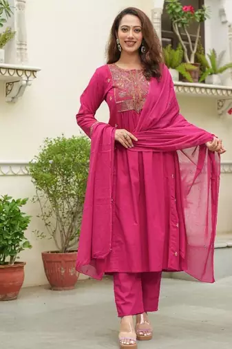 Cotton cambric semi-anarkali dyed  kurti-pant-dupatta  set