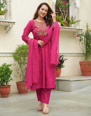 Cotton cambric semi-anarkali dyed  kurti-pant-dupatta  set 2