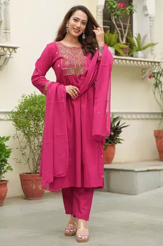 Cotton cambric semi-anarkali dyed  kurti-pant-dupatta  set
