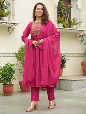 Cotton cambric semi-anarkali dyed  kurti-pant-dupatta  set 3