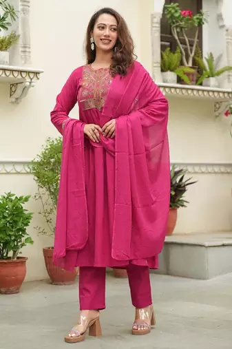 Cotton cambric semi-anarkali dyed  kurti-pant-dupatta  set