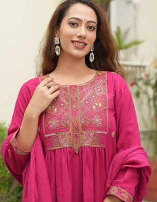 Cotton cambric semi-anarkali dyed  kurti-pant-dupatta  set 4