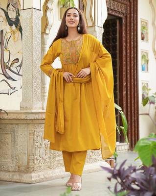 Cotton cambric semi-anarkali dyed  kurti-pant-dupatta  set 1