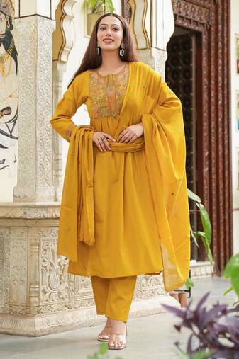 Cotton cambric semi-anarkali dyed  kurti-pant-dupatta  set