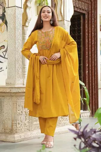 Cotton cambric semi-anarkali dyed  kurti-pant-dupatta  set