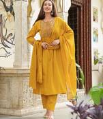 Cotton cambric semi-anarkali dyed  kurti-pant-dupatta  set