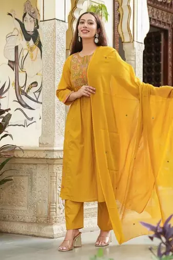 Cotton cambric semi-anarkali dyed  kurti-pant-dupatta  set