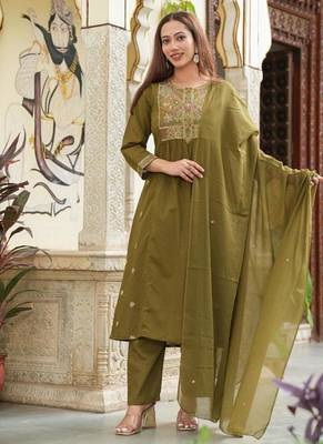 Cotton cambric semi-anarkali dyed  kurti-pant-dupatta  set 1