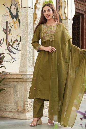 Cotton cambric semi-anarkali dyed  kurti-pant-dupatta  set