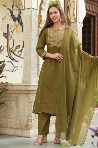 Cotton cambric semi-anarkali dyed  kurti-pant-dupatta  set