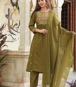 Cotton cambric semi-anarkali dyed  kurti-pant-dupatta  set