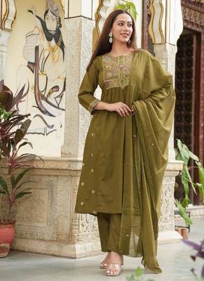 Cotton cambric semi-anarkali dyed  kurti-pant-dupatta  set 2
