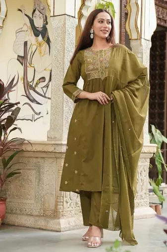 Cotton cambric semi-anarkali dyed  kurti-pant-dupatta  set