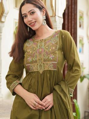 Cotton cambric semi-anarkali dyed  kurti-pant-dupatta  set 3