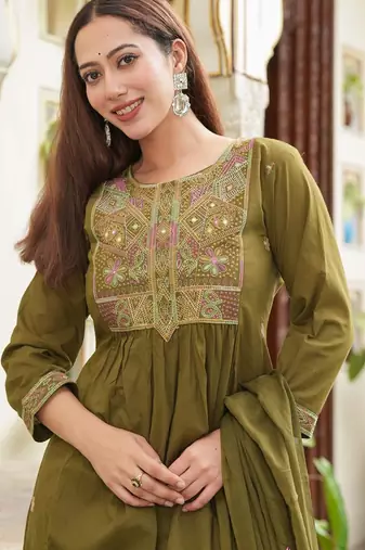 Cotton cambric semi-anarkali dyed  kurti-pant-dupatta  set