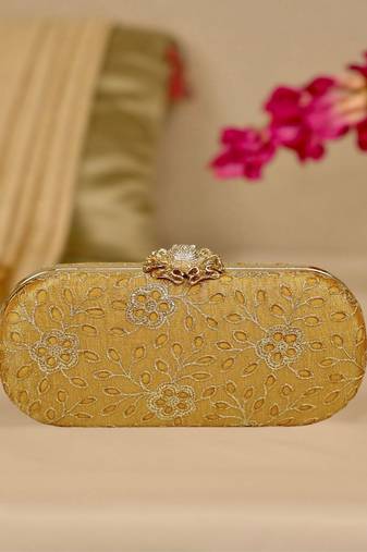 Yellow floral embroidered clutch