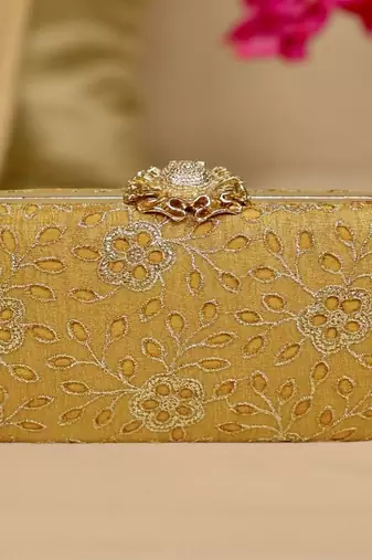 Yellow floral embroidered clutch