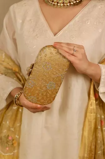 Yellow floral embroidered clutch