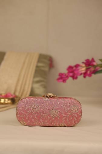 Pink floral embroidered clutch